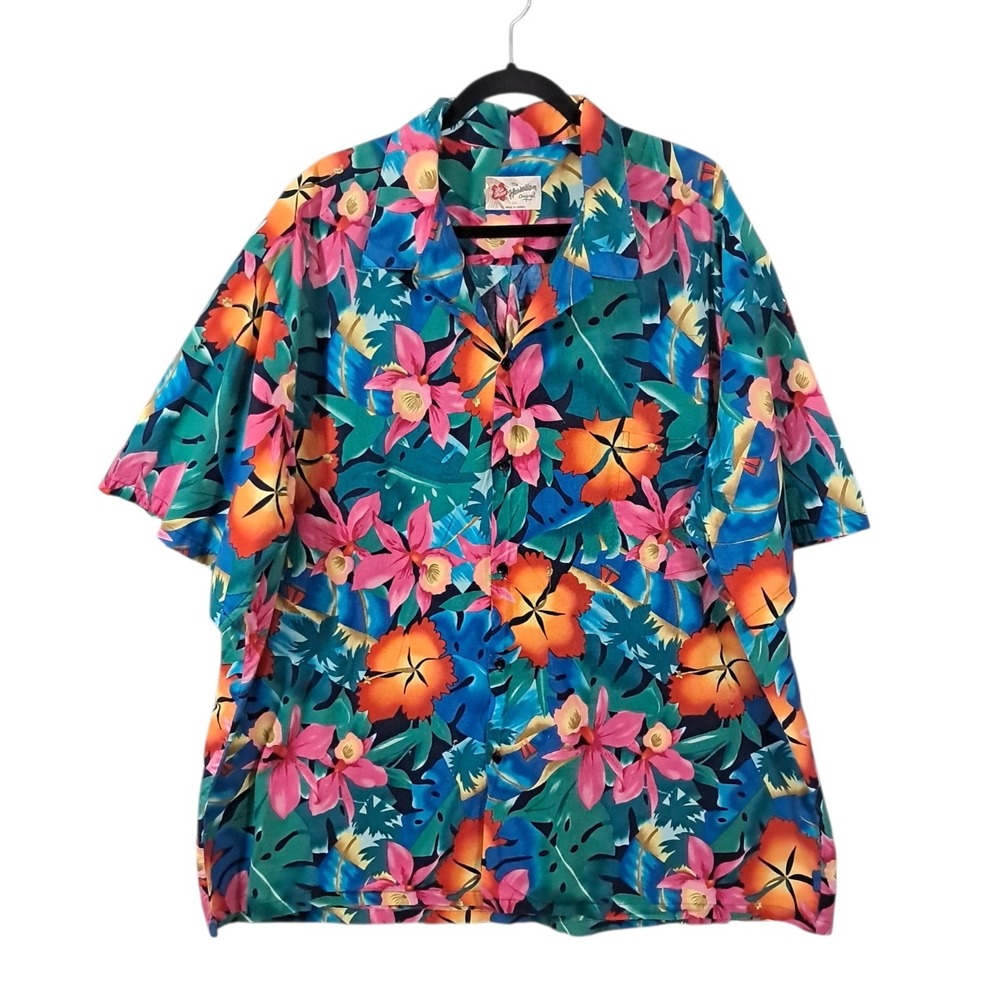 Hilo Hattie Men's Hawaiian Button Down Shirt 4XL Hibiscus Colorful Resort Cruise